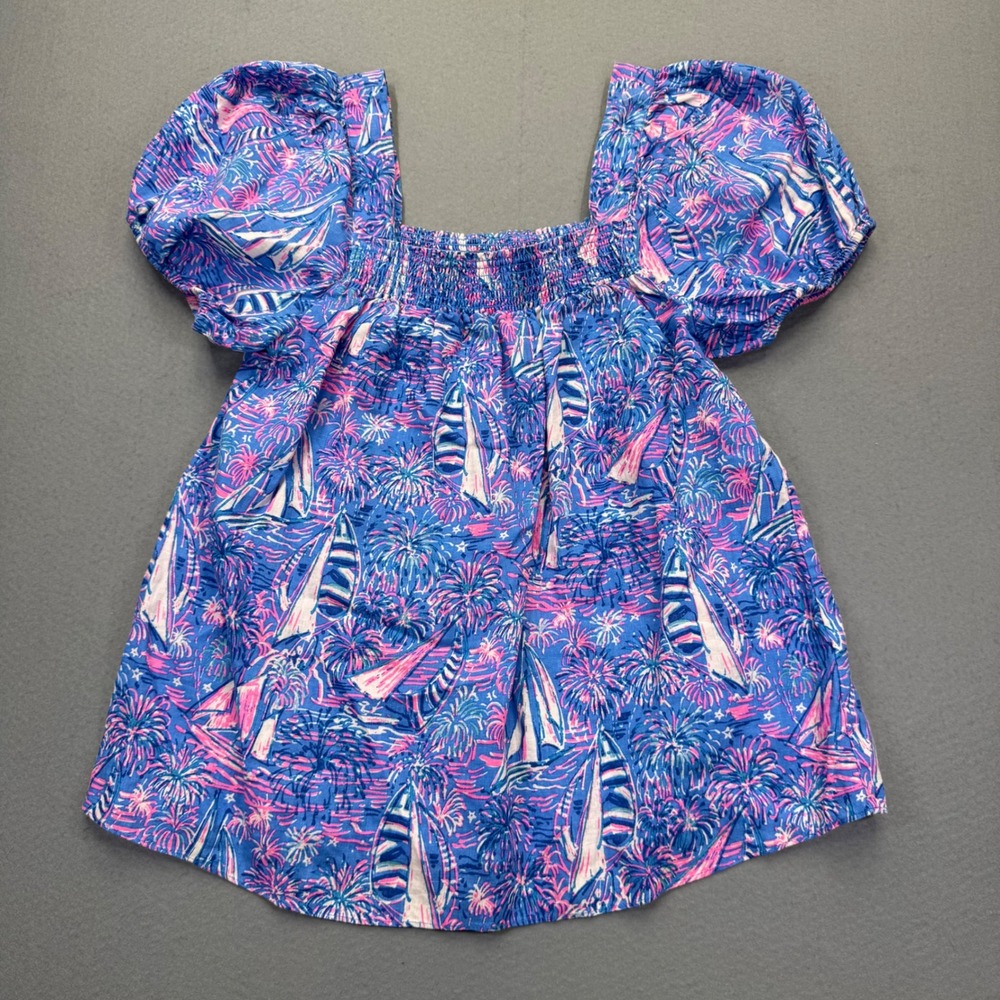 Lilly Pulitzer Yvette Linen Top 8 Blue Pink Sailboat Puff Sleeve Smocked 013352